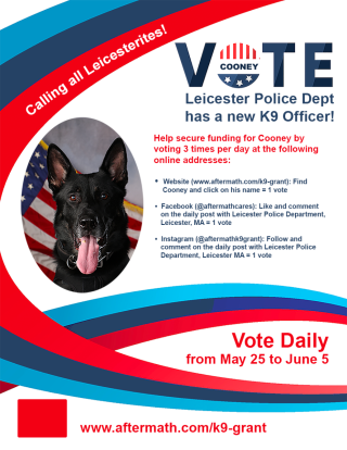 Vote for Cooney at www.aftermath.com/k9-grant, on Facebook @aftermathcares, and on Instagram @aftermathk9grant